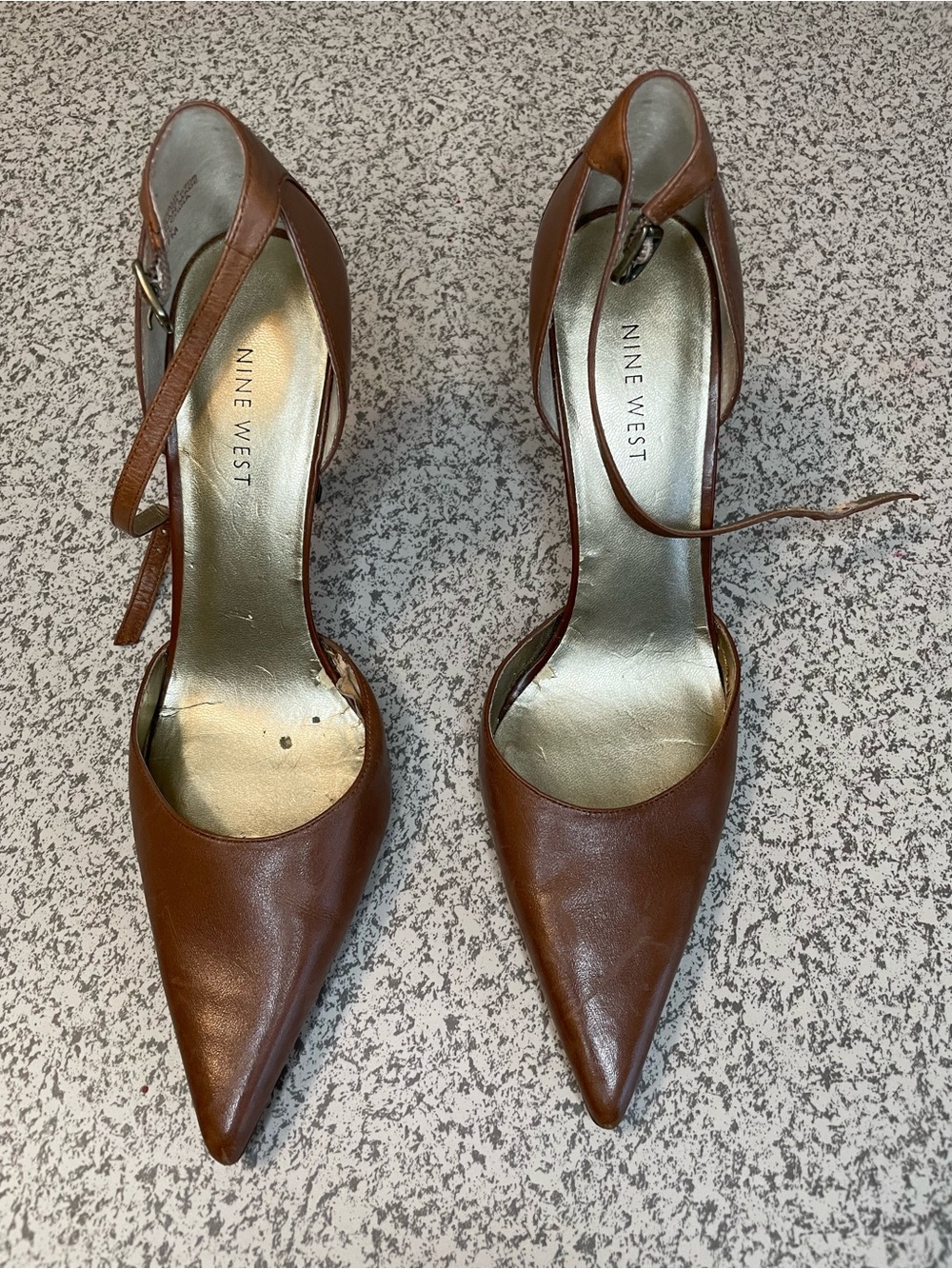 Nine West Brown Leather Pointed-Toe Ankle-Strap Heels